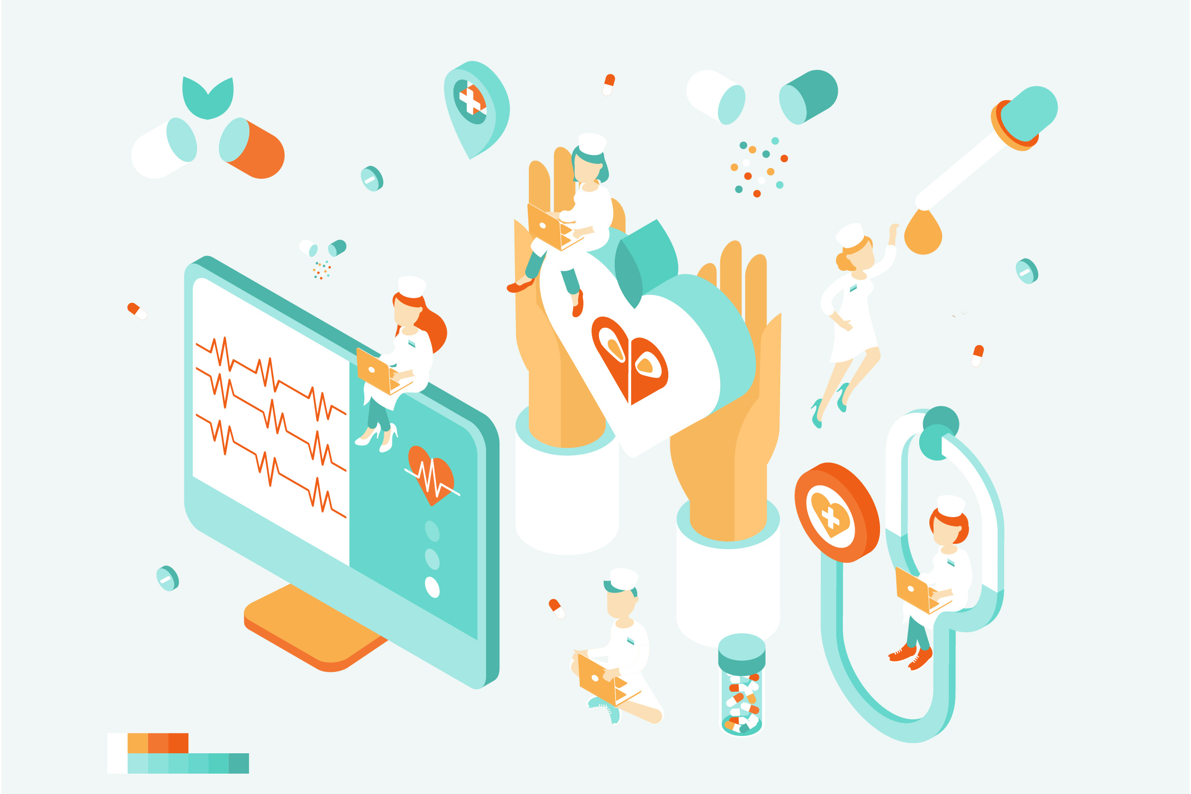 Een illustratie met ecg, hart, pillen en andere medische afbeeldingen