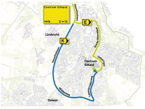 Op deze kaart ziet u de omleidingen E en K die u vanaf 11 augustus naar het centrum van Sittard leiden