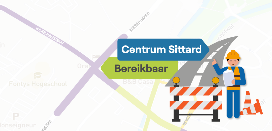 Logo van Centrum Sittard Bereikbaar. In het logo is een wegwerker te zien, pionnen op de weg en een bouwbord. In de achtergrond is een landkaart te zien met daarop straten in Sittard-Geleen.