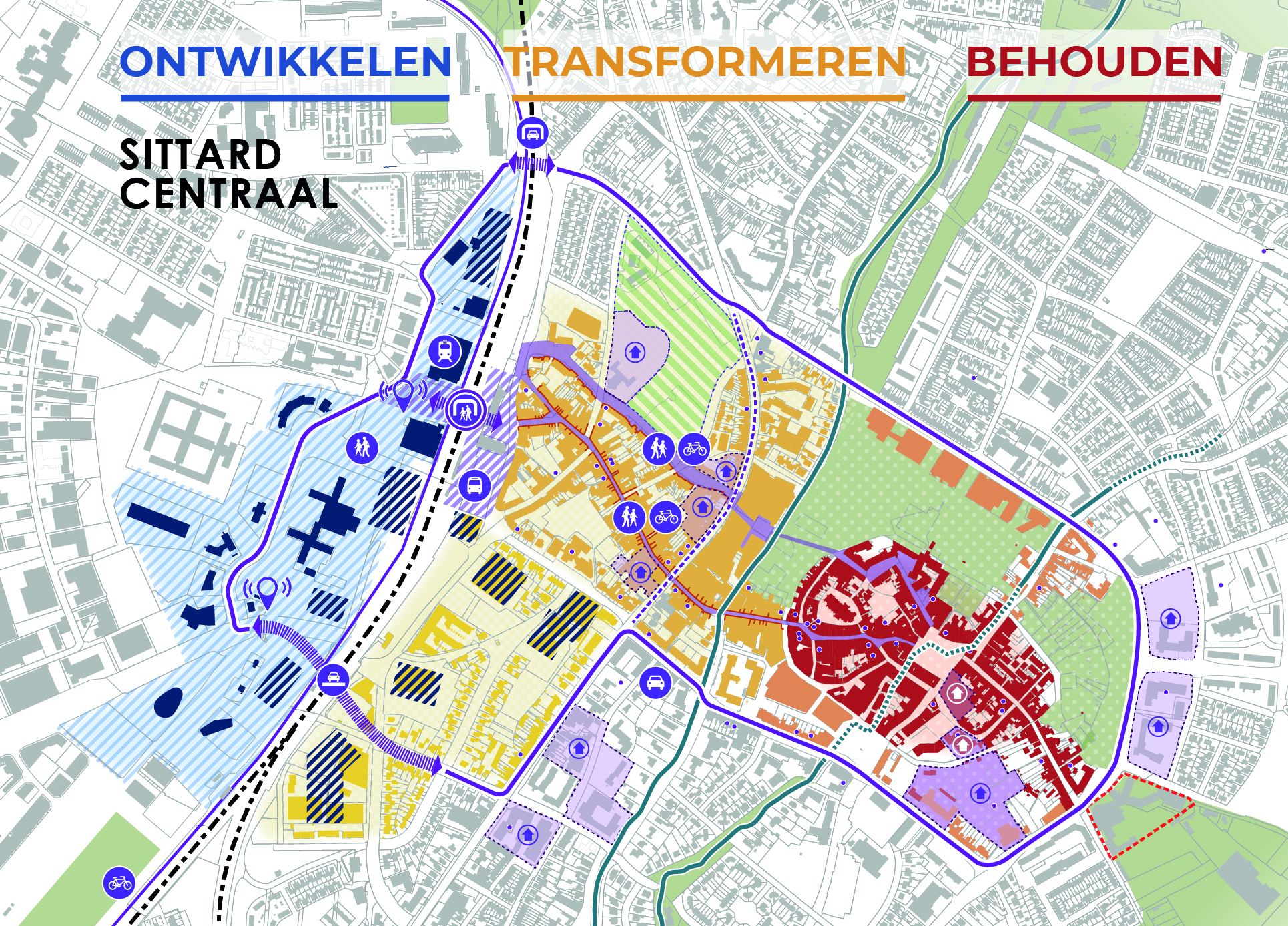 Kaart met daarop de plekken ontwikkelen, transformeren en behouden voor het project Sittard-Centraal.