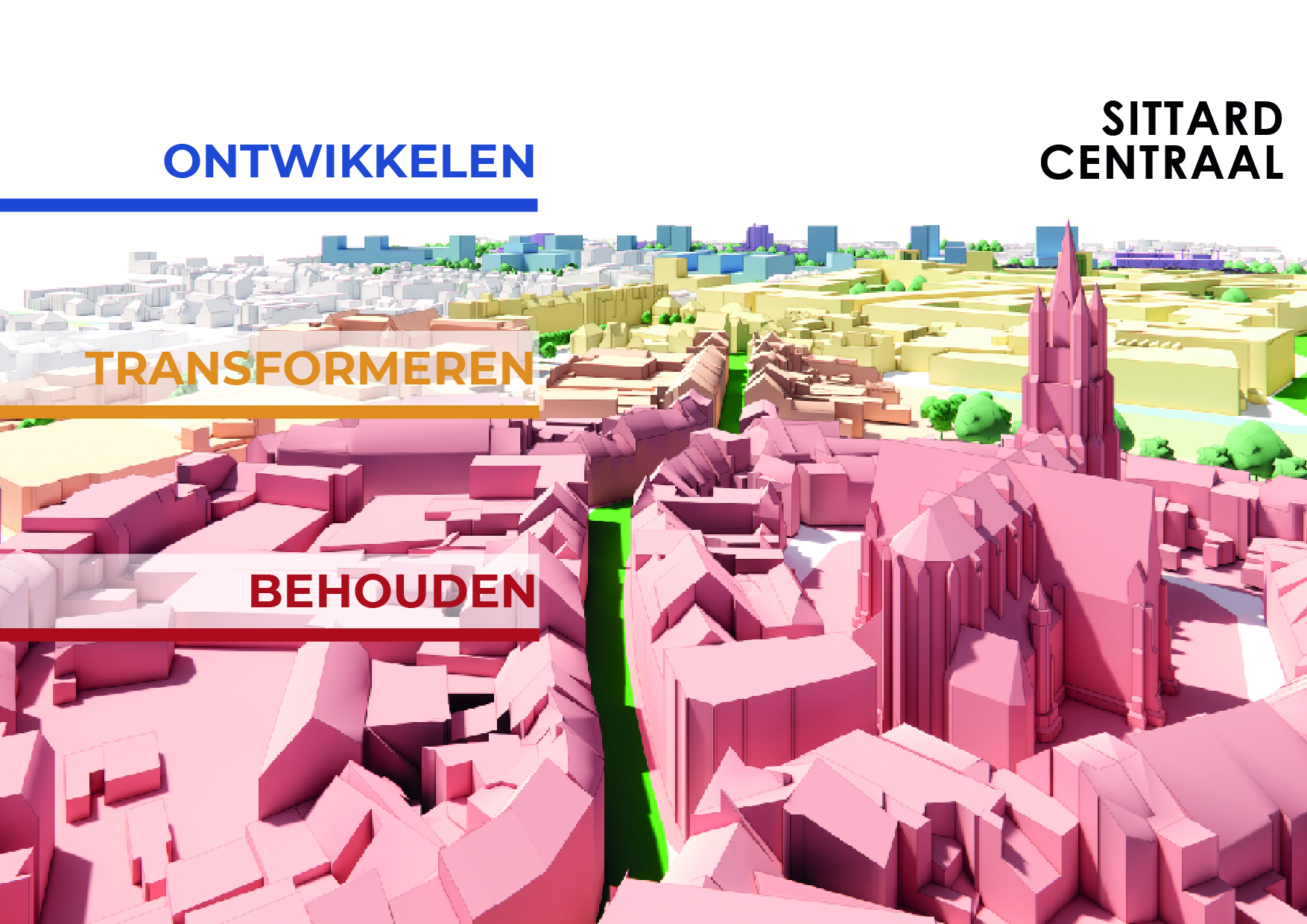 Afbeelding waarin de toekomstige situatie wordt geschetst. Hierop staat aangegeven ontwikkelen, transformeren en behouden.