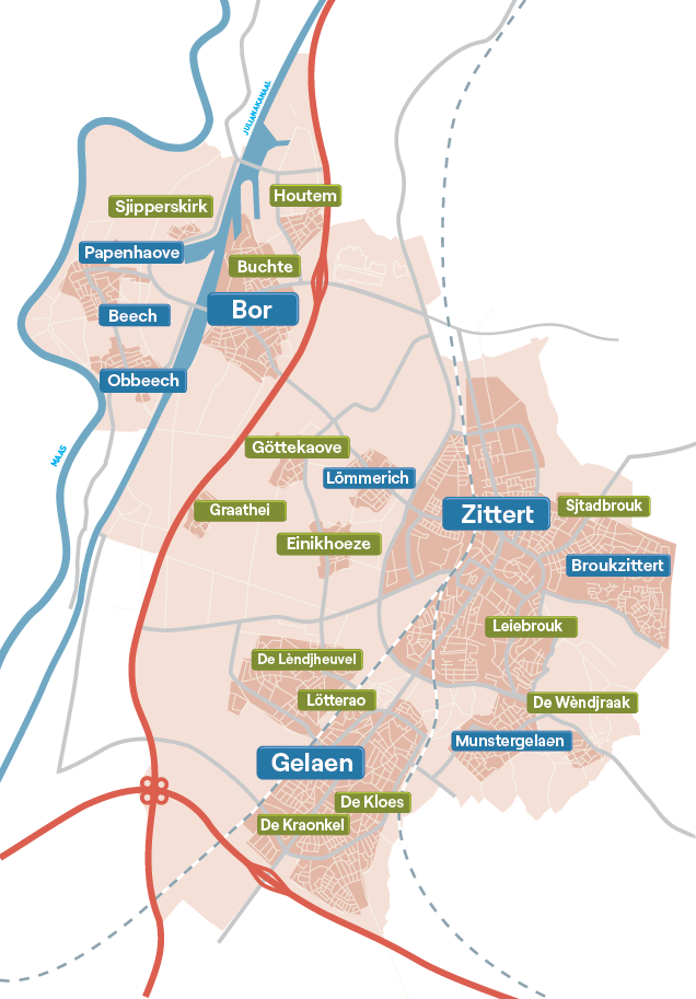 Kaart met plaatsnamen in Sittard-Geleen