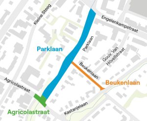 kaartje met fasering van de werkzaamheden in de Parklaan. Deze fasering wordt ook beschreven in de tekst op deze pagina